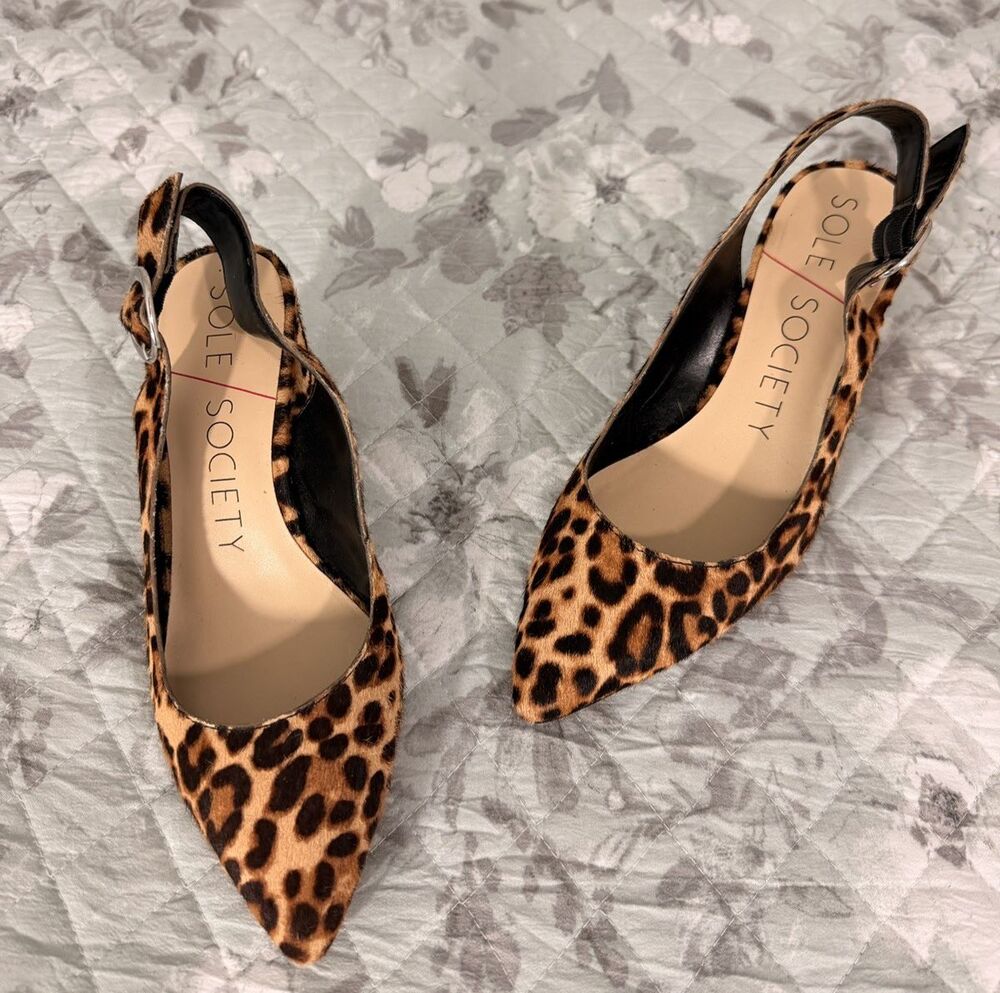 Sole Society Trudie Heels 7M Leopard Calf Hair Slingback Pointed Toe Pumps